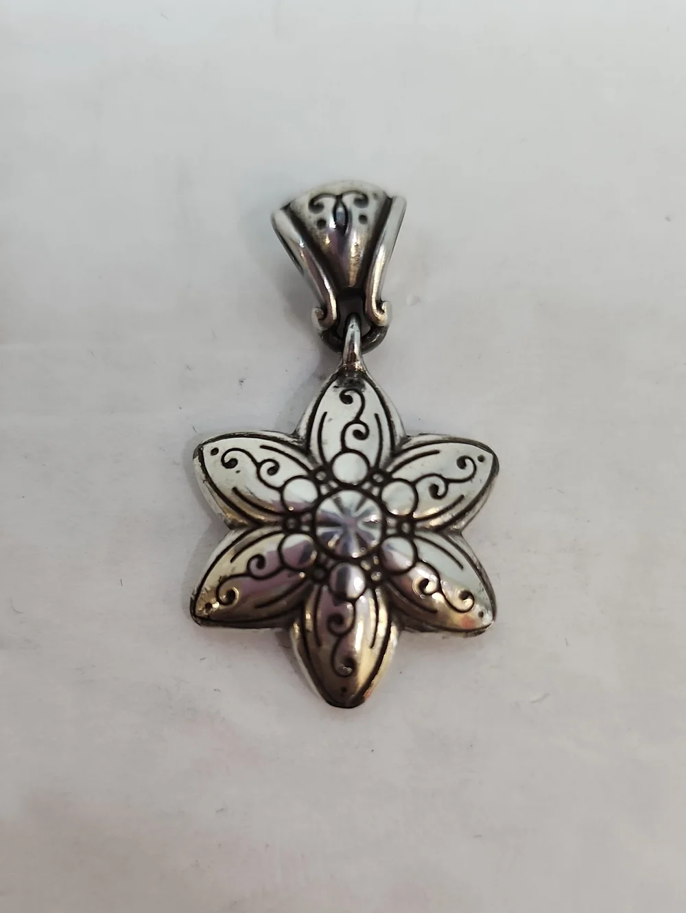 Silver Tone White Enamel Flower Pendant Crystal Statement Charm
